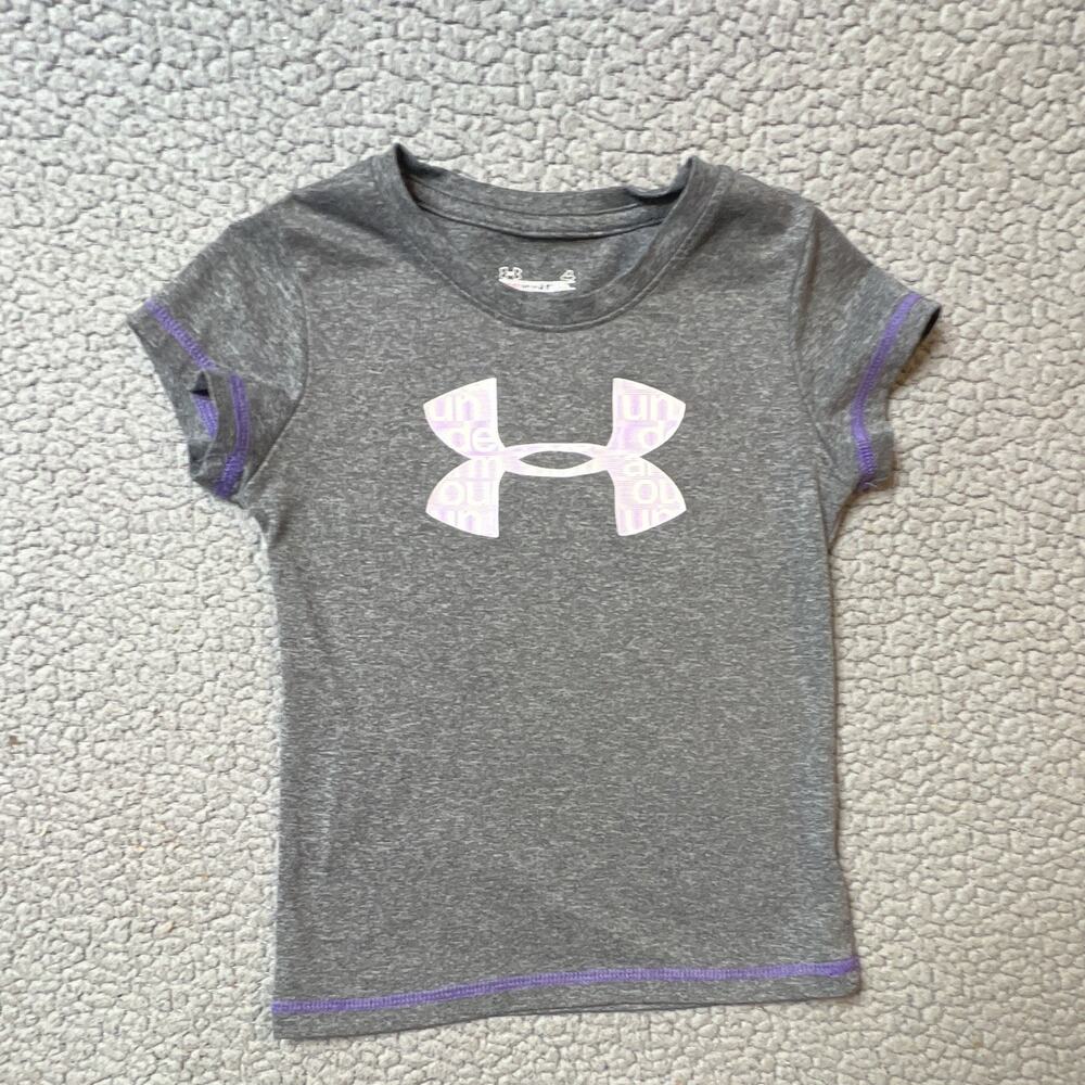 Under Armour HeatGear Girls Logo T-Shirt Size 4 Gray Purple Short Sleeve